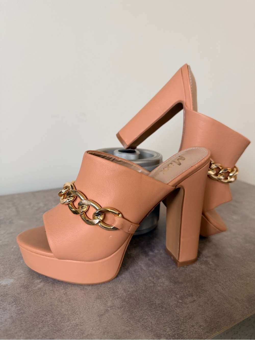 Mixx Shuz Peach Platform Mule Heels with Gold Chain Accent